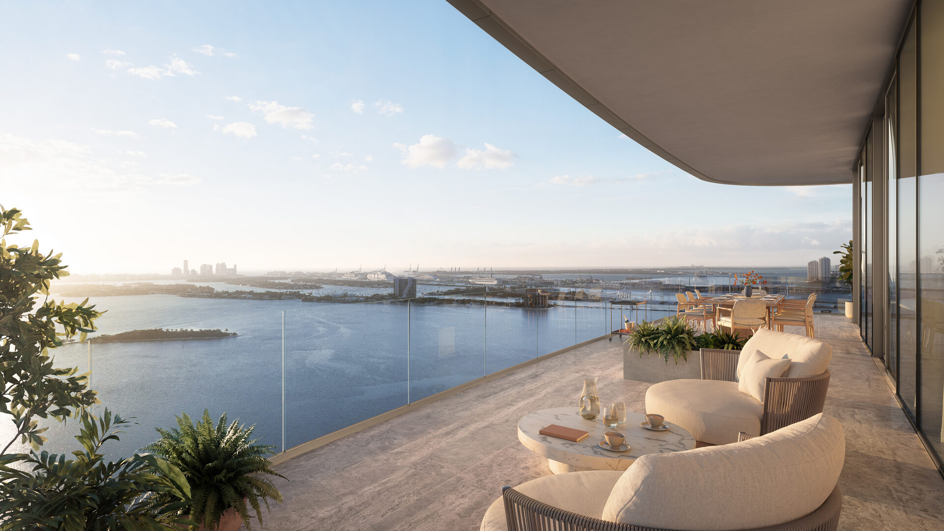Penthouse private balcony at sunset