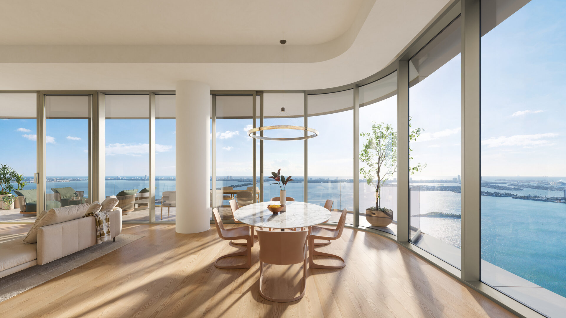 Penthouse living room with east-facing bay views
